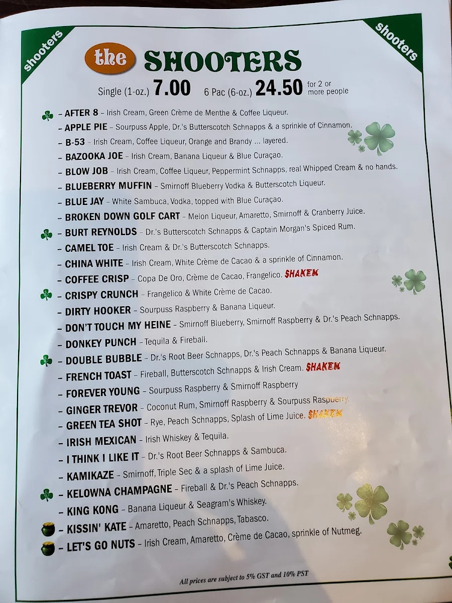 Menu, Carlos O'Bryan's Neighbourhood Pub