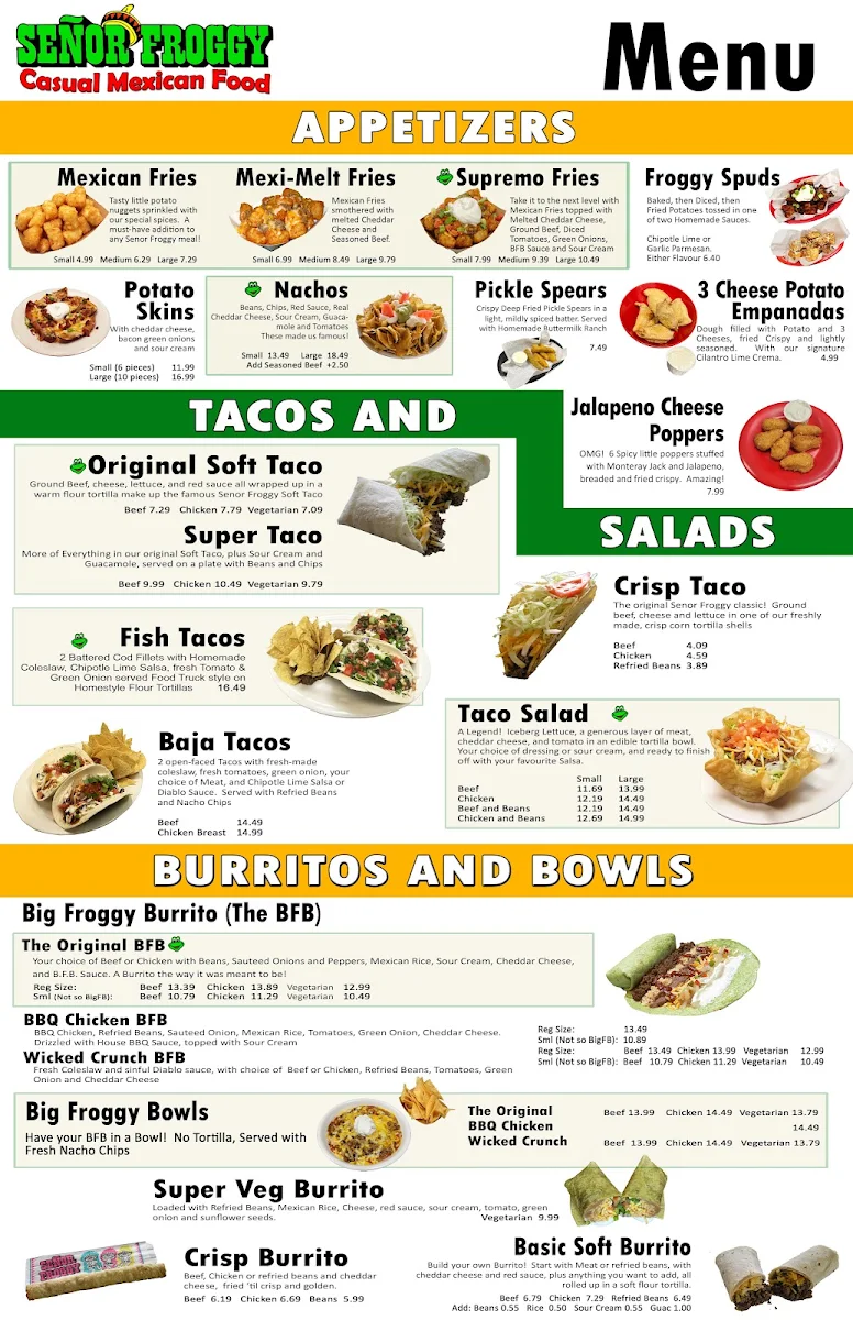 Menu, Señor Froggy Restaurant