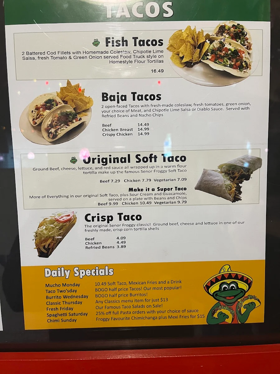 Menu, Señor Froggy Restaurant