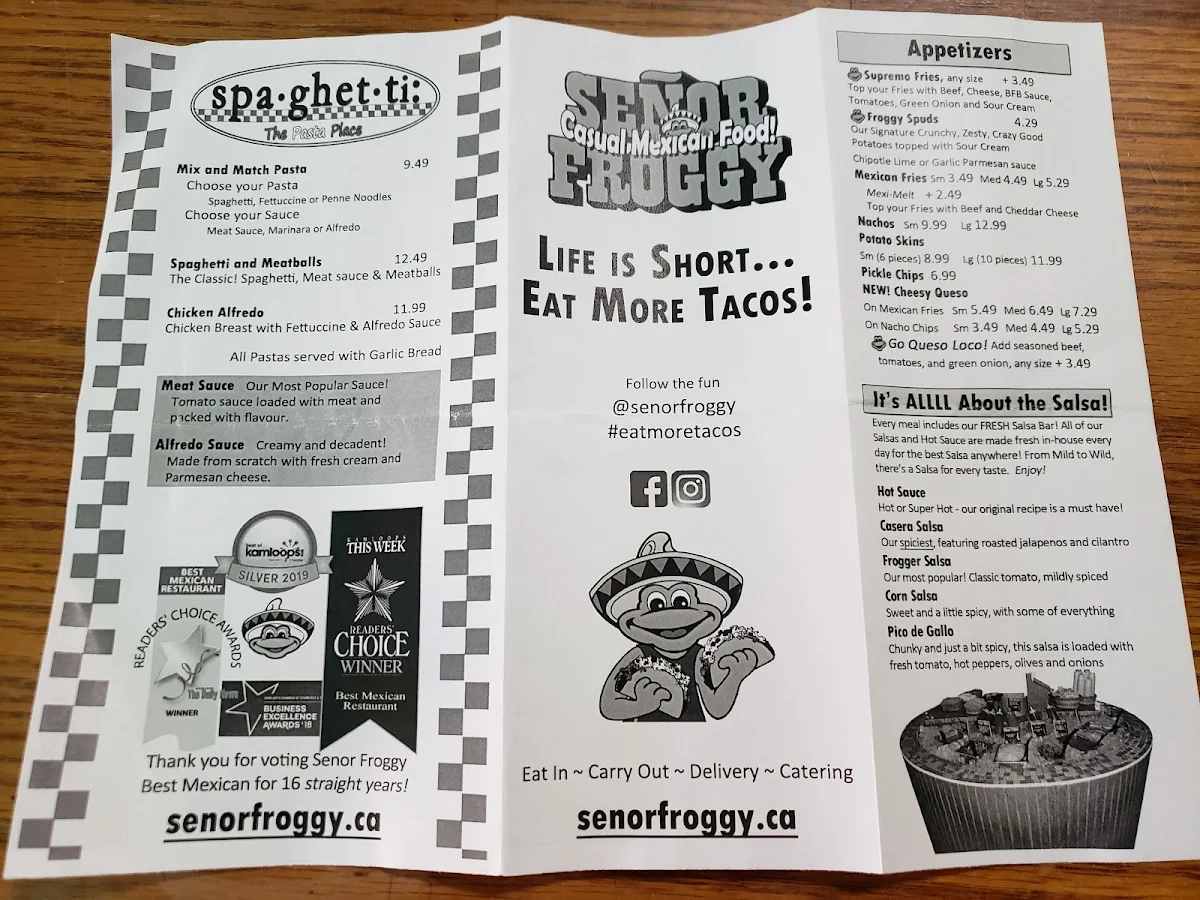 Menu, Señor Froggy Restaurant