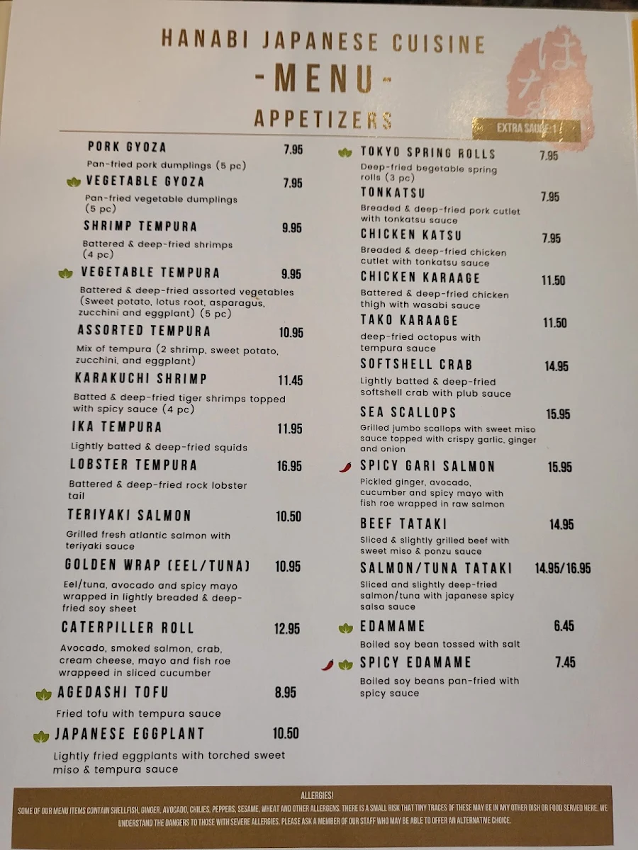 Menu, Hanabi Japanese Cuisine