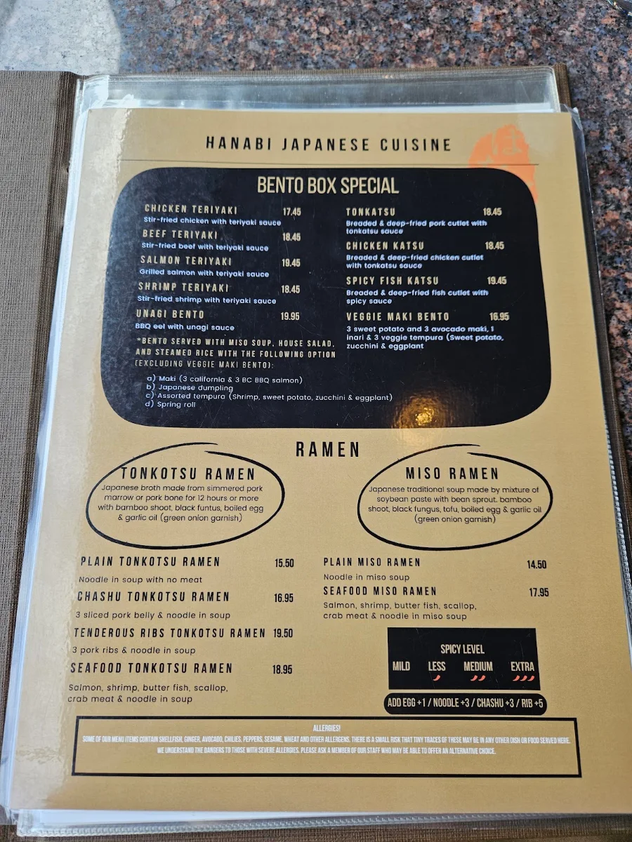Menu, Hanabi Japanese Cuisine