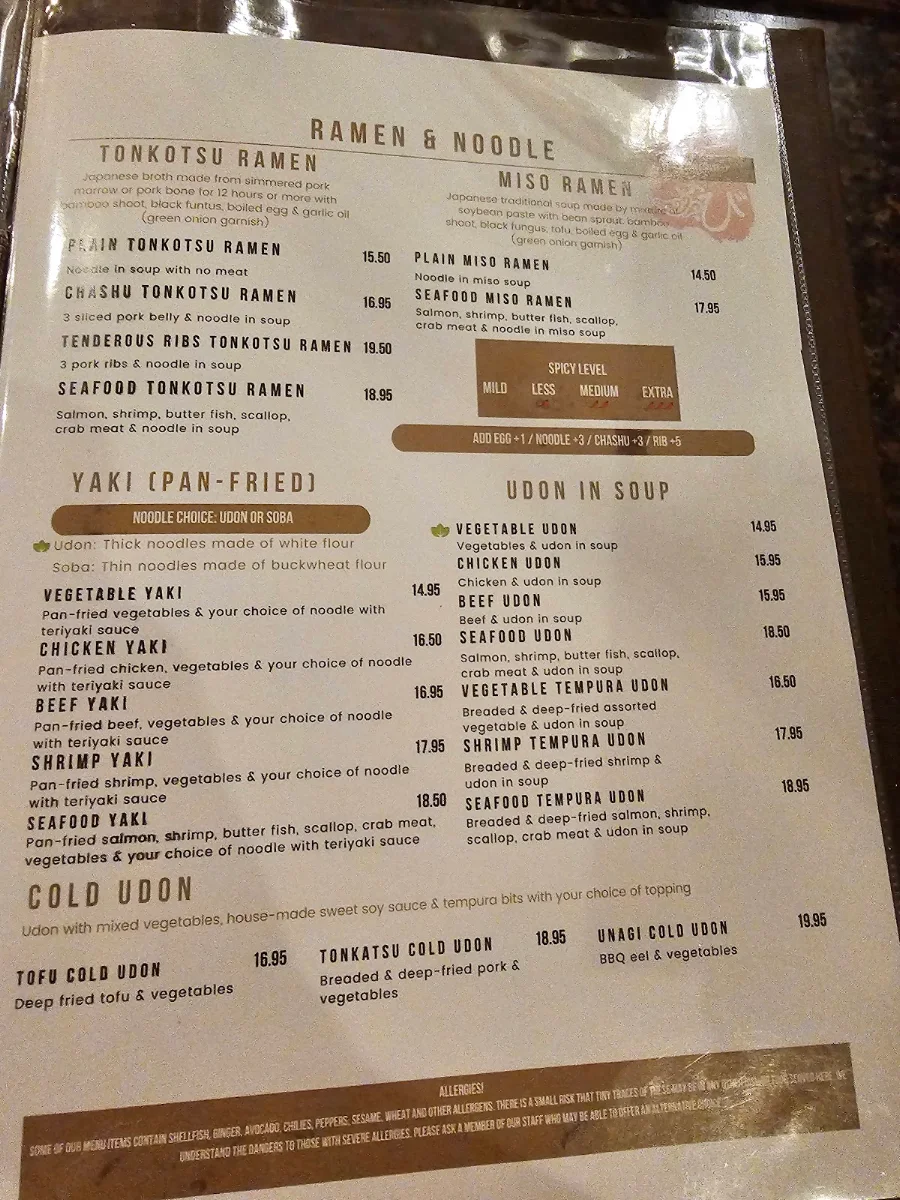 Menu, Hanabi Japanese Cuisine