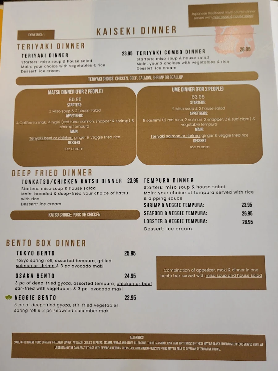 Menu, Hanabi Japanese Cuisine