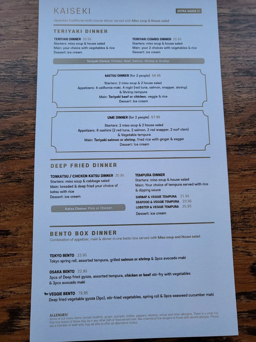 Menu, Hanabi Japanese Cuisine