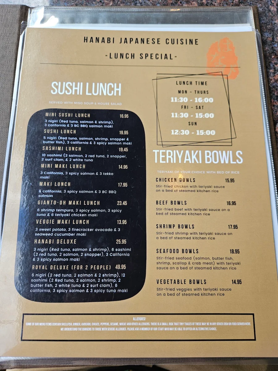 Menu, Hanabi Japanese Cuisine