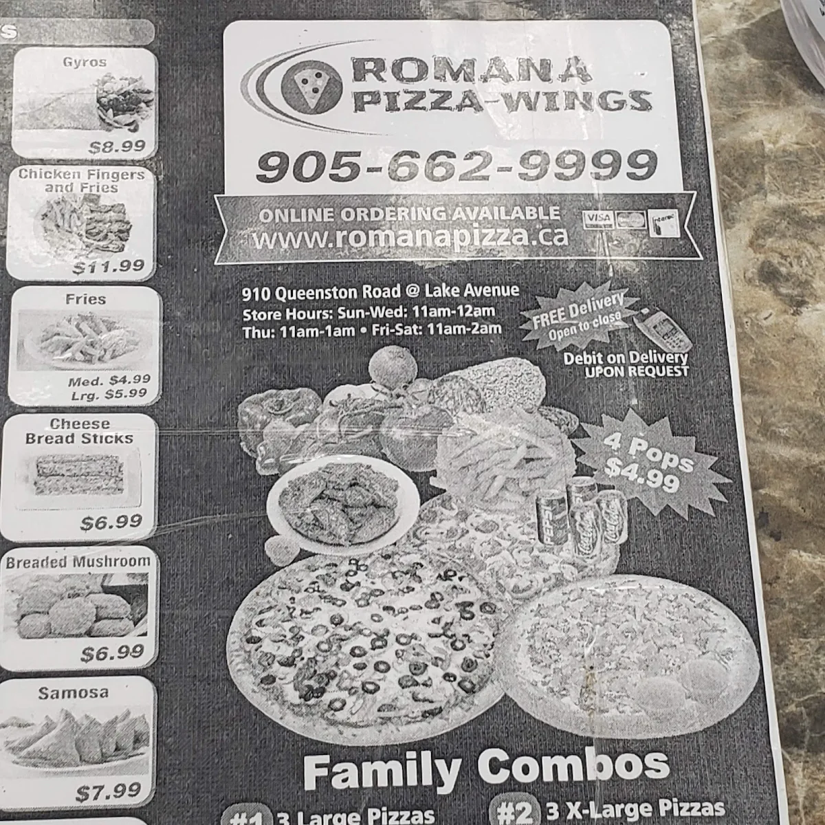 Menu, Romana Pizza & Wings