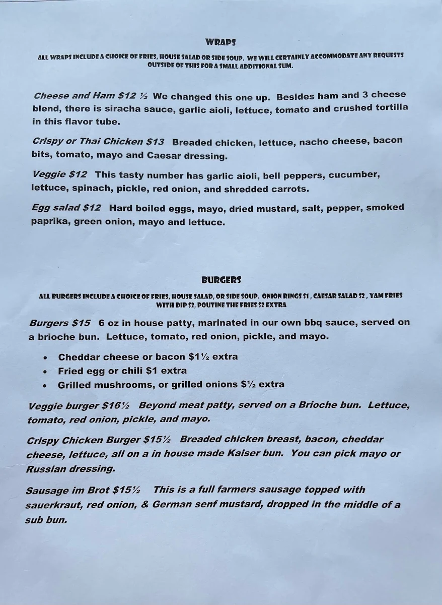 Menu, Dee-Jay's Pub