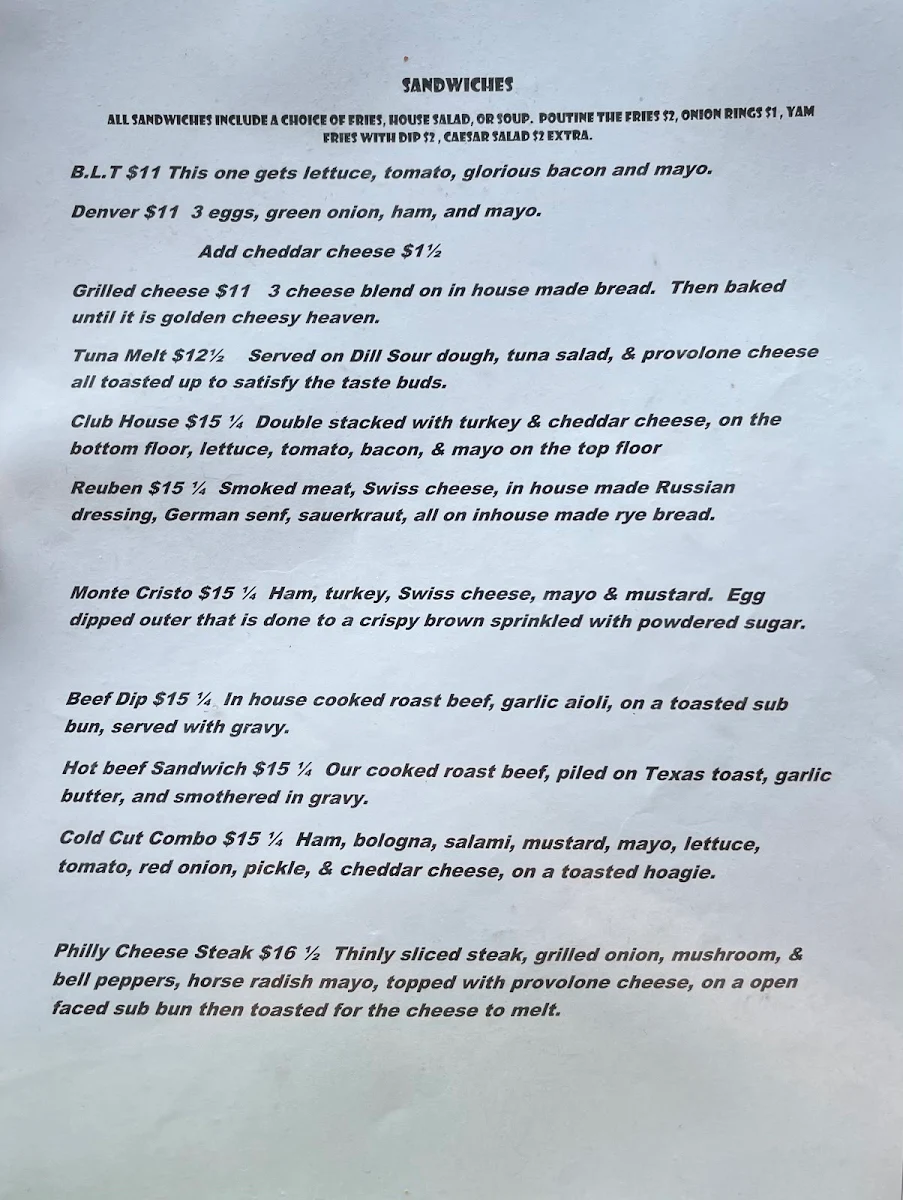 Menu, Dee-Jay's Pub