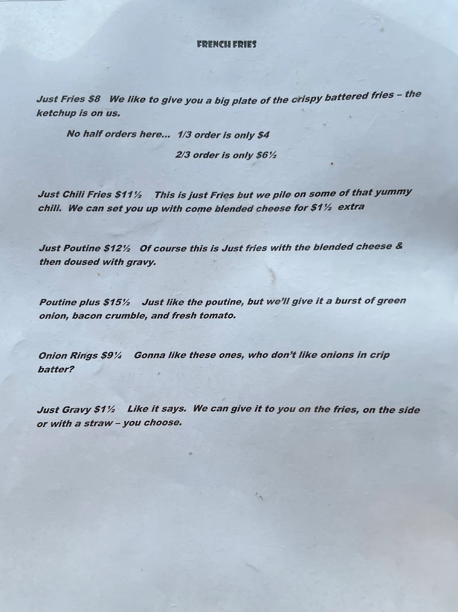 Menu, Dee-Jay's Pub