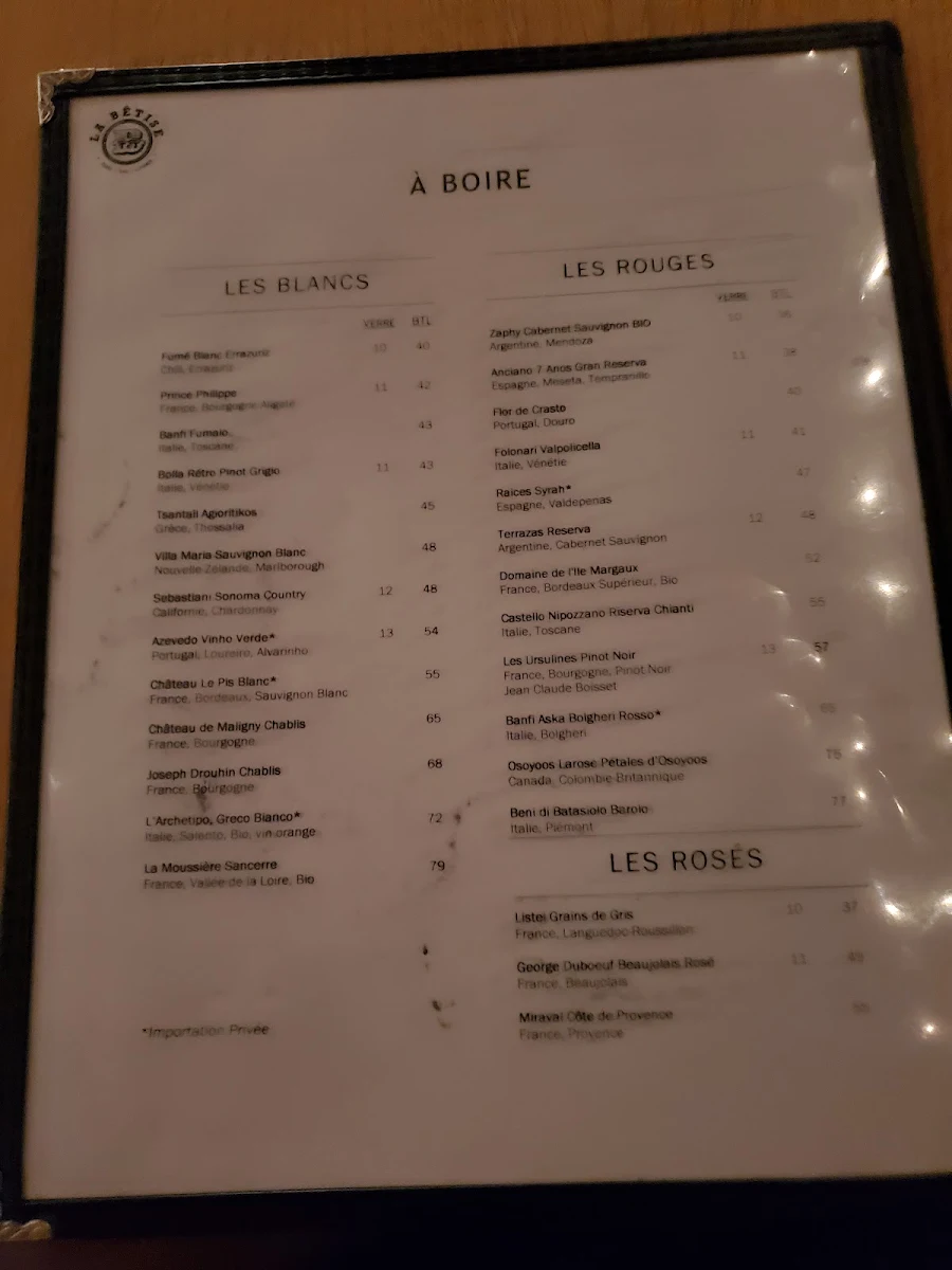 Menu, La Betise - Verdun