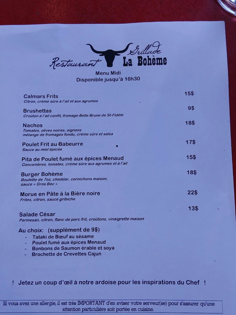 Menu, Grillade La Bohème