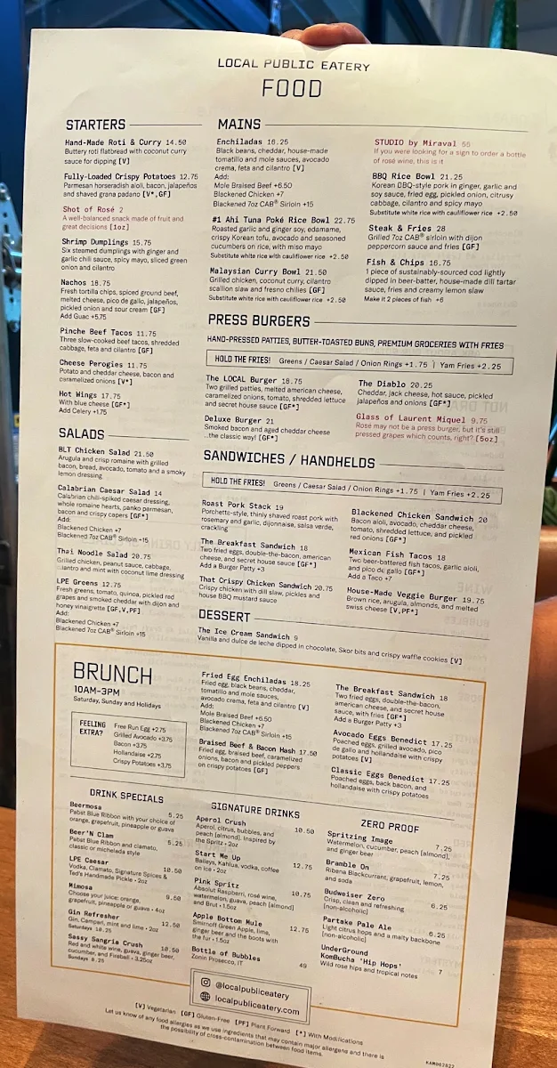 Menu, LOCAL Public Eatery - Kamloops