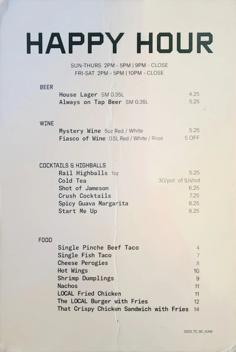 Menu, LOCAL Public Eatery - Kamloops