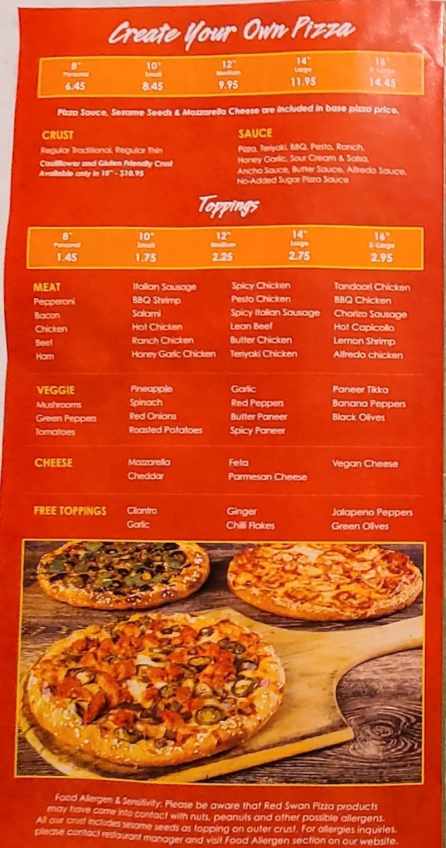 Menu, Red Swan Pizza - Regina Rochdale Blvd