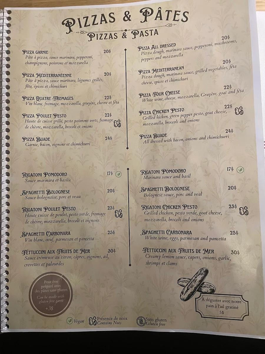 Menu, Café Buade