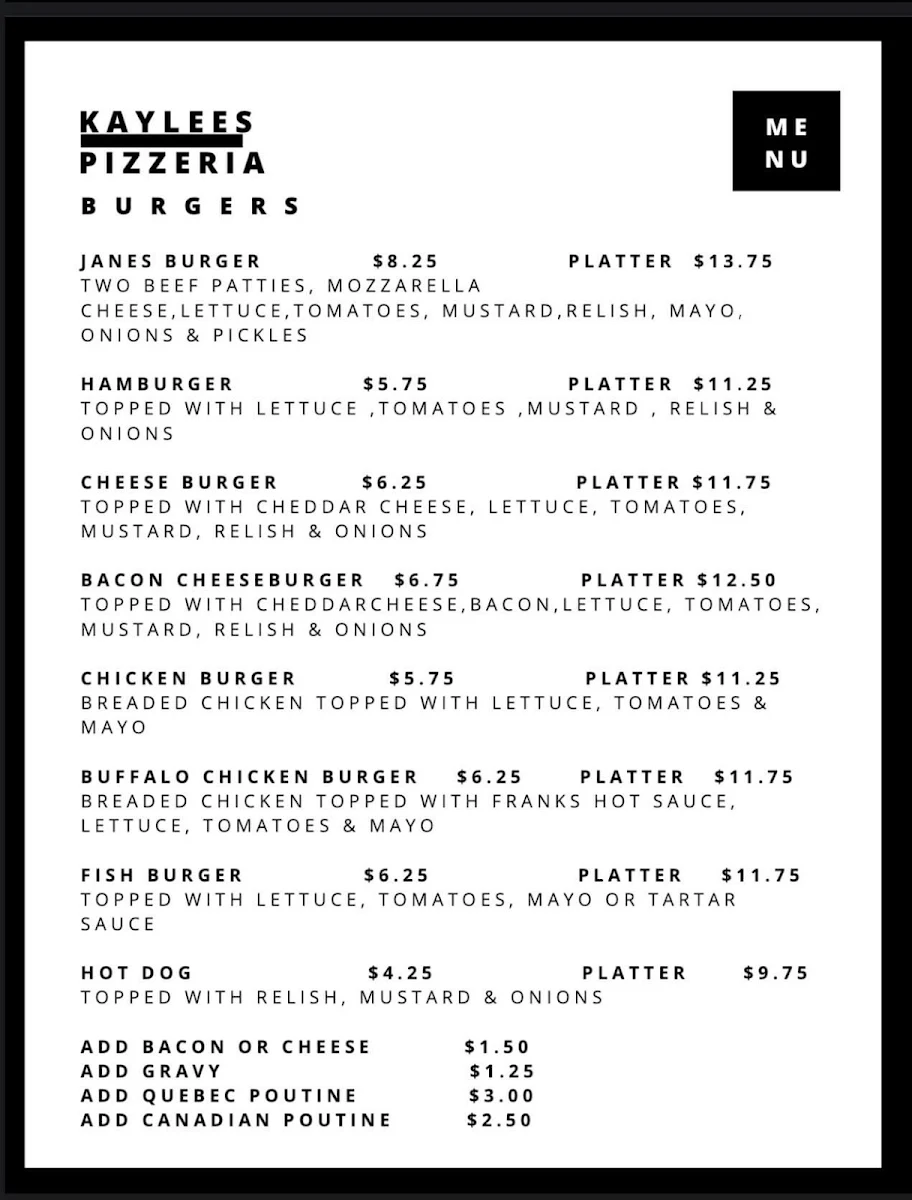 Menu, Kaylee's Pizzeria