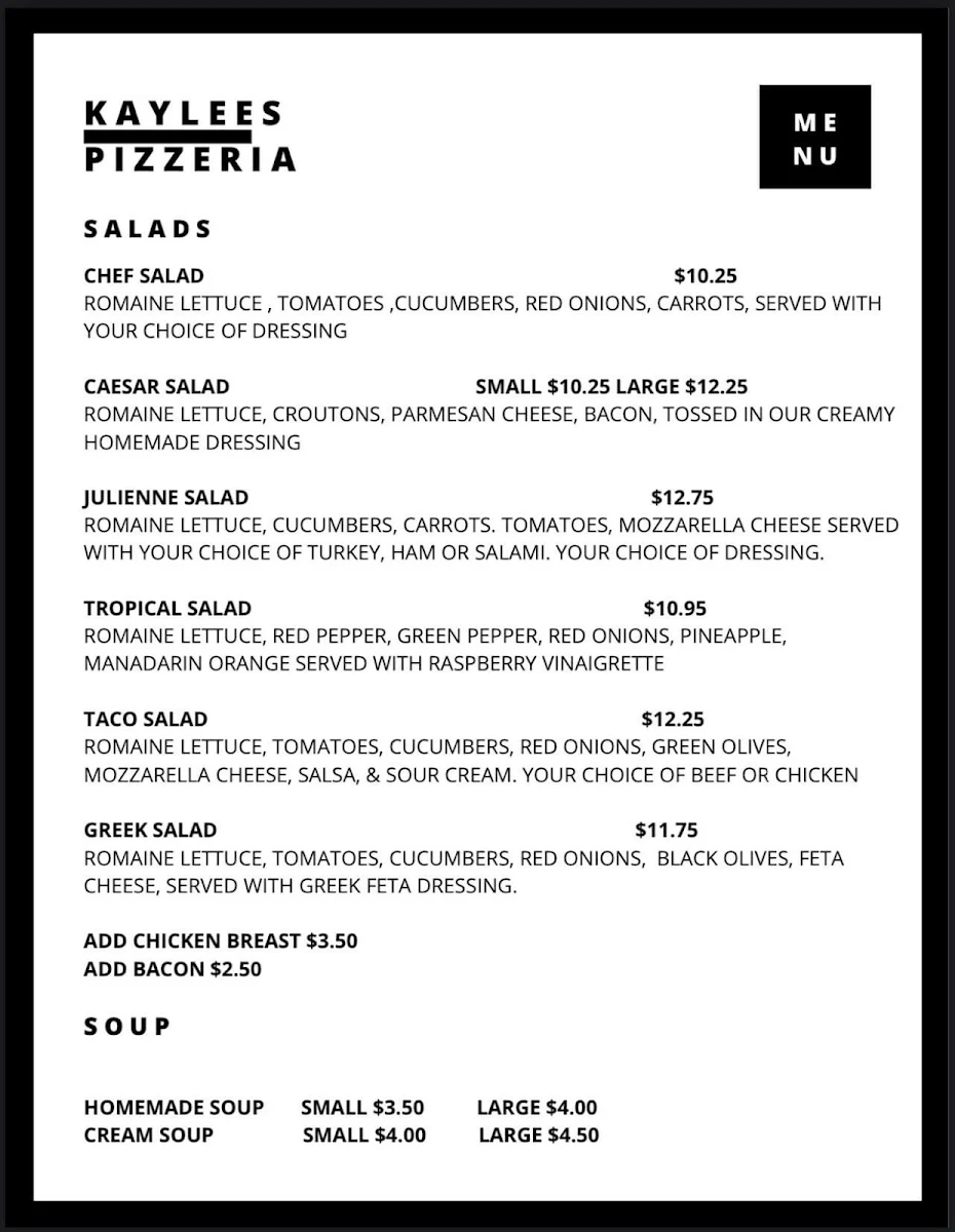 Menu, Kaylee's Pizzeria