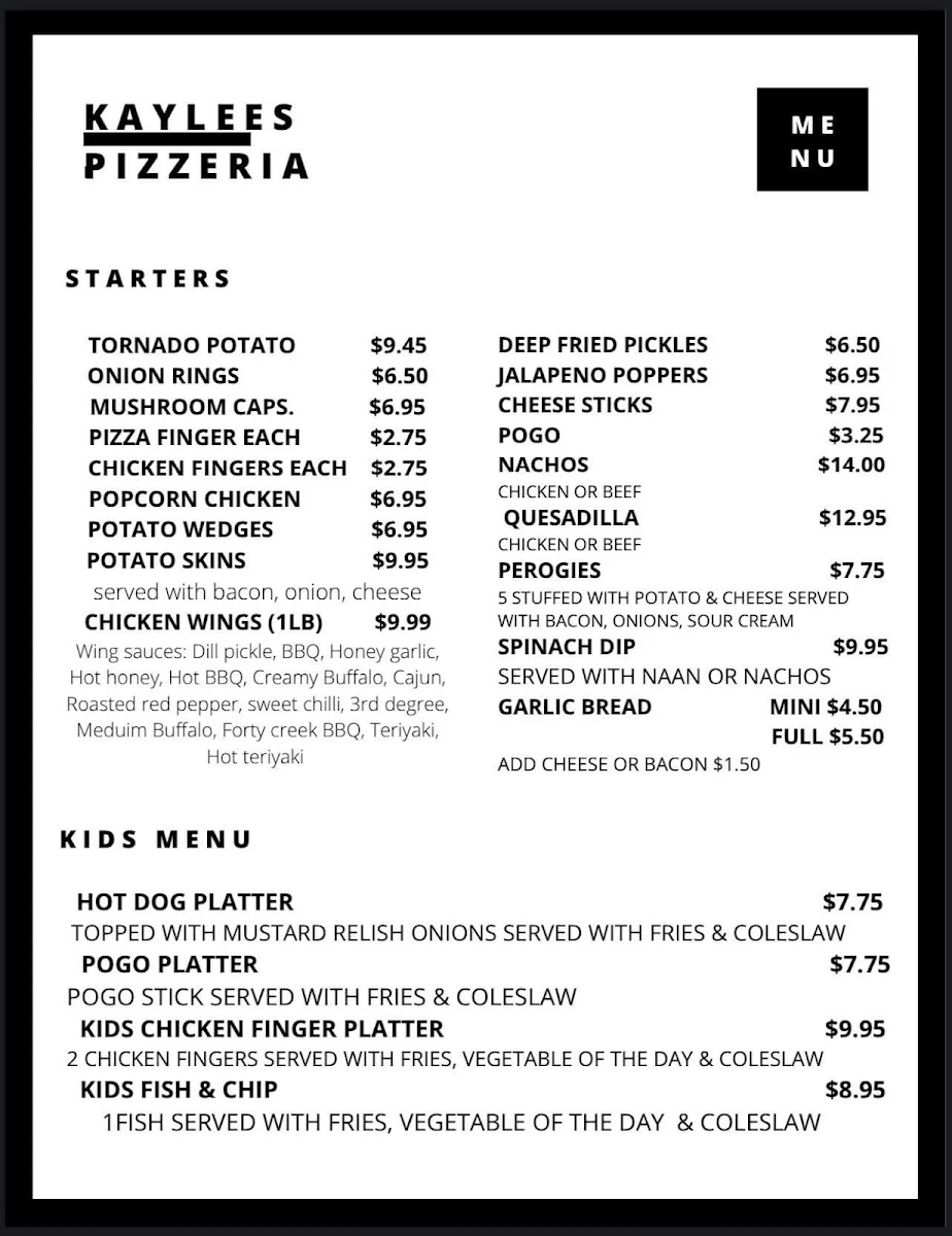 Menu, Kaylee's Pizzeria