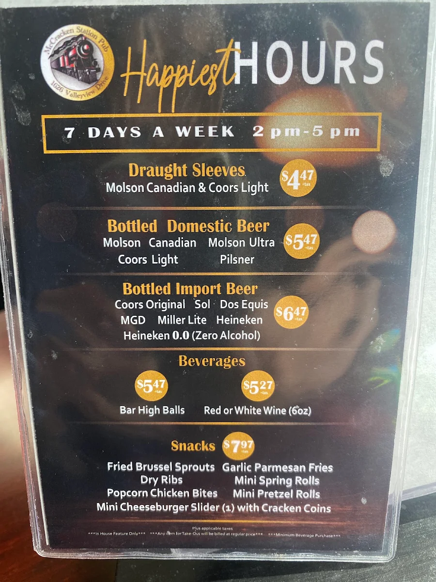 Menu, McCracken Station Pub