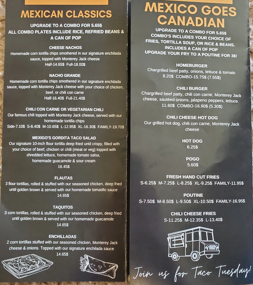 Menu, Mexigo Cabana (mexican food truck)