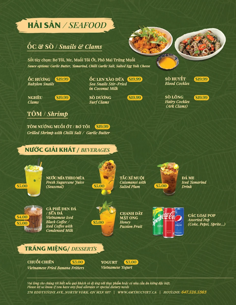 Menu, Ẩm Thực Việt Restaurant