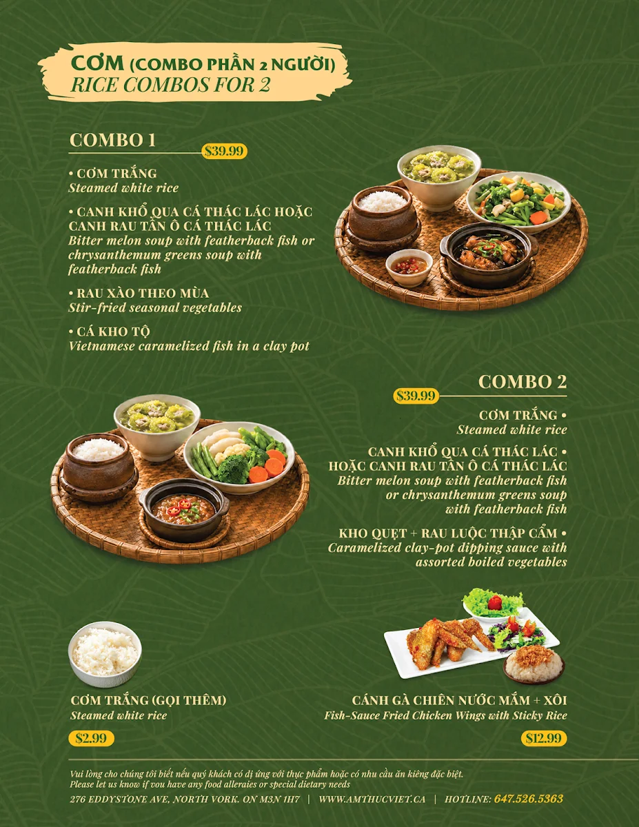 Menu, Ẩm Thực Việt Restaurant