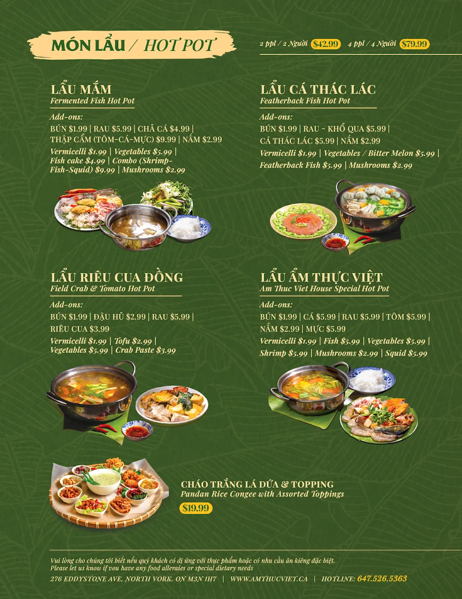 Menu, Ẩm Thực Việt Restaurant