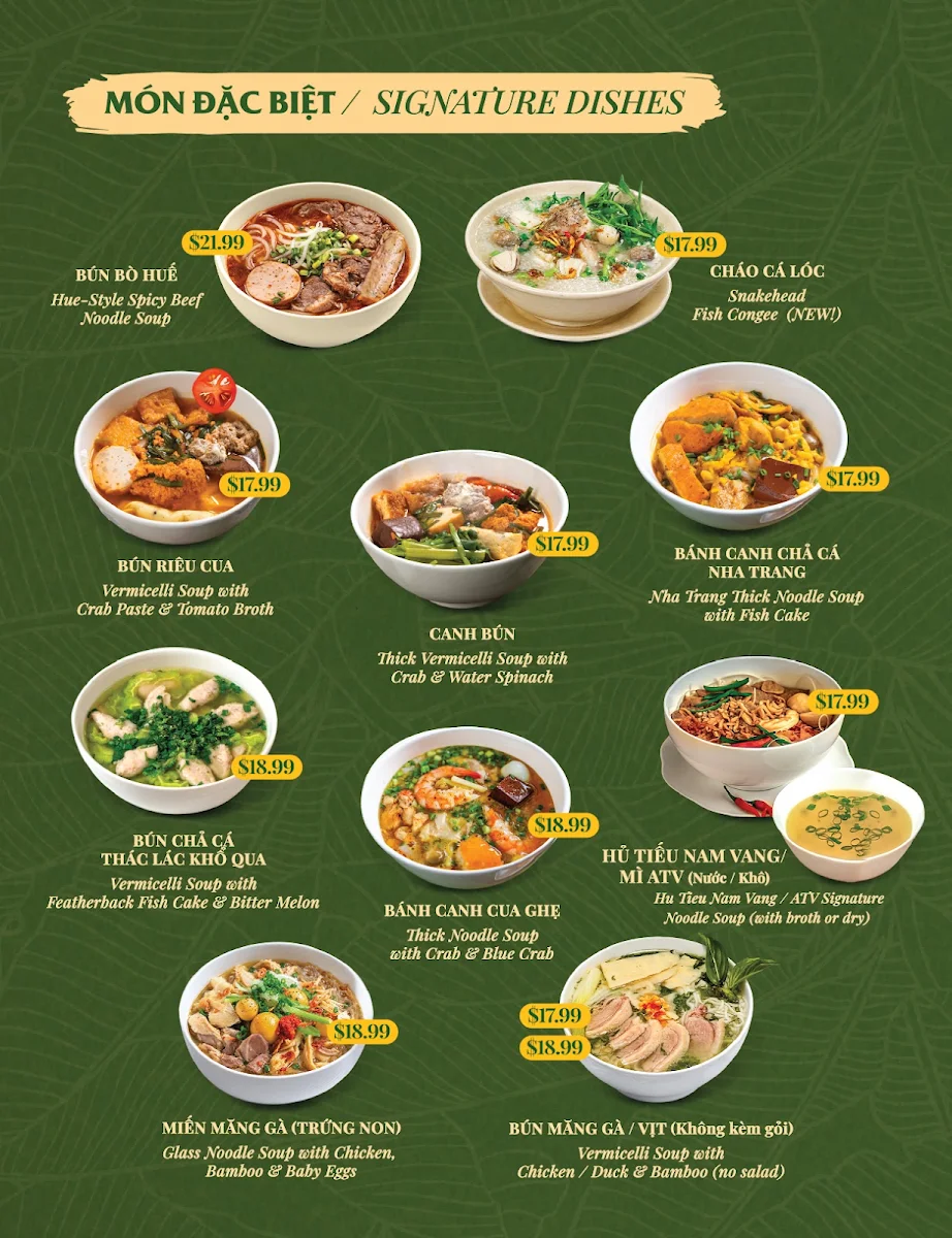 Menu, Ẩm Thực Việt Restaurant