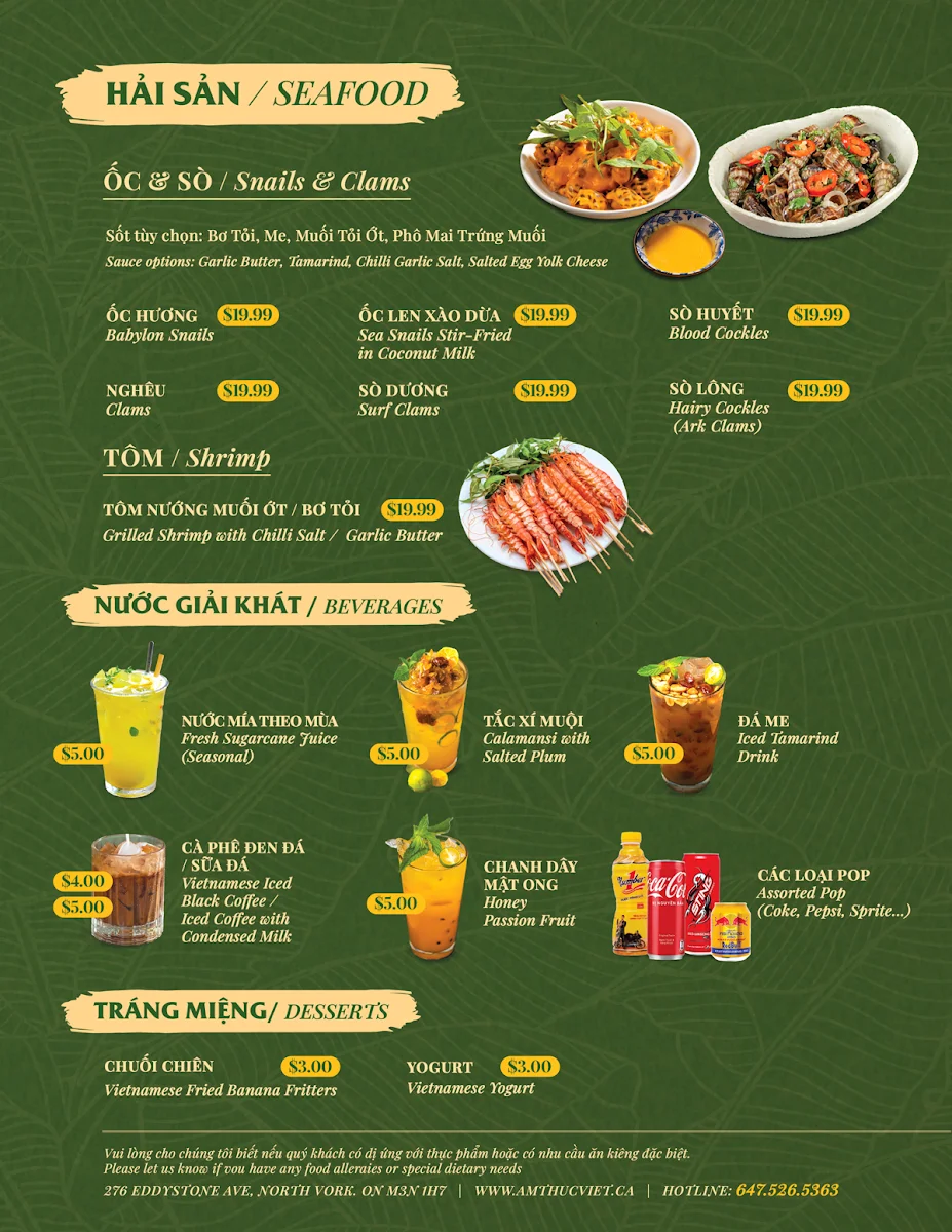Menu, Ẩm Thực Việt Restaurant