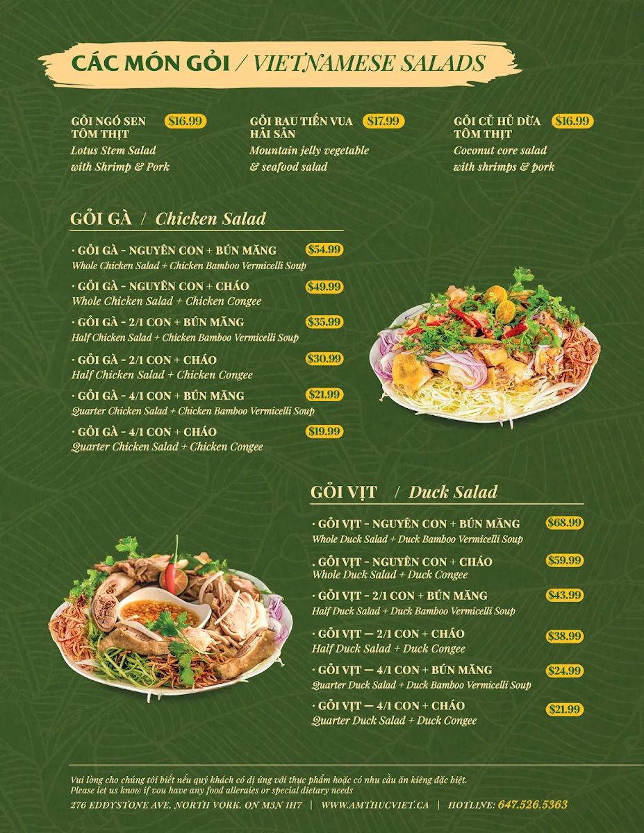 Menu, Ẩm Thực Việt Restaurant
