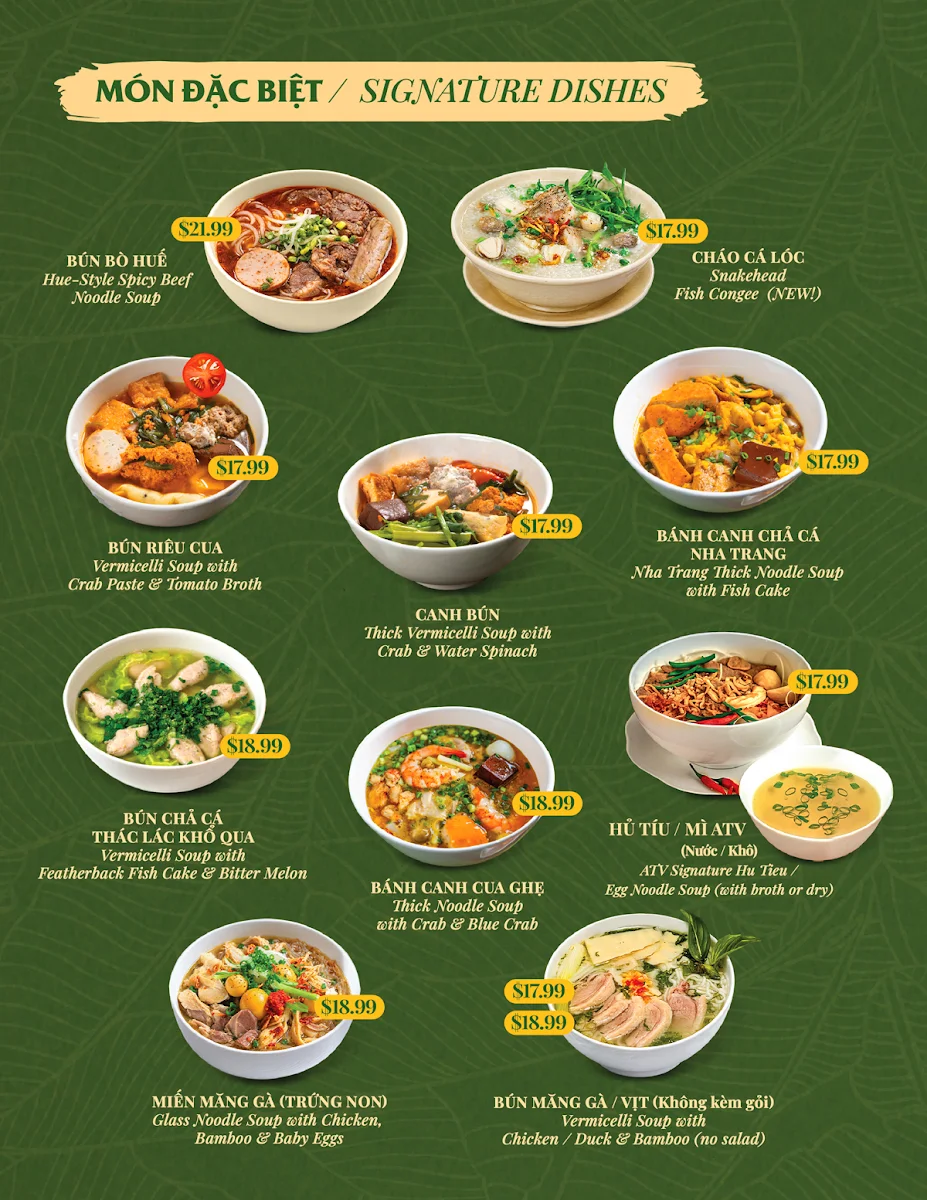 Menu, Ẩm Thực Việt Restaurant