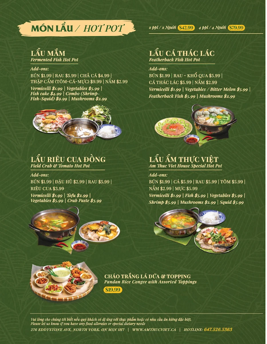 Menu, Ẩm Thực Việt Restaurant