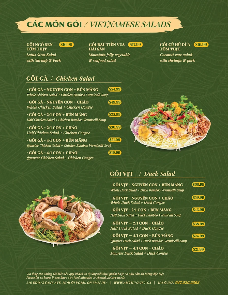 Menu, Ẩm Thực Việt Restaurant