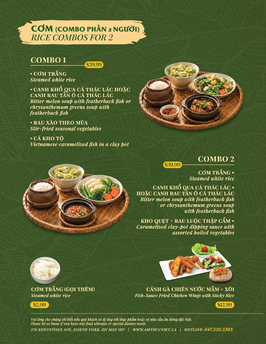 Menu, Ẩm Thực Việt Restaurant