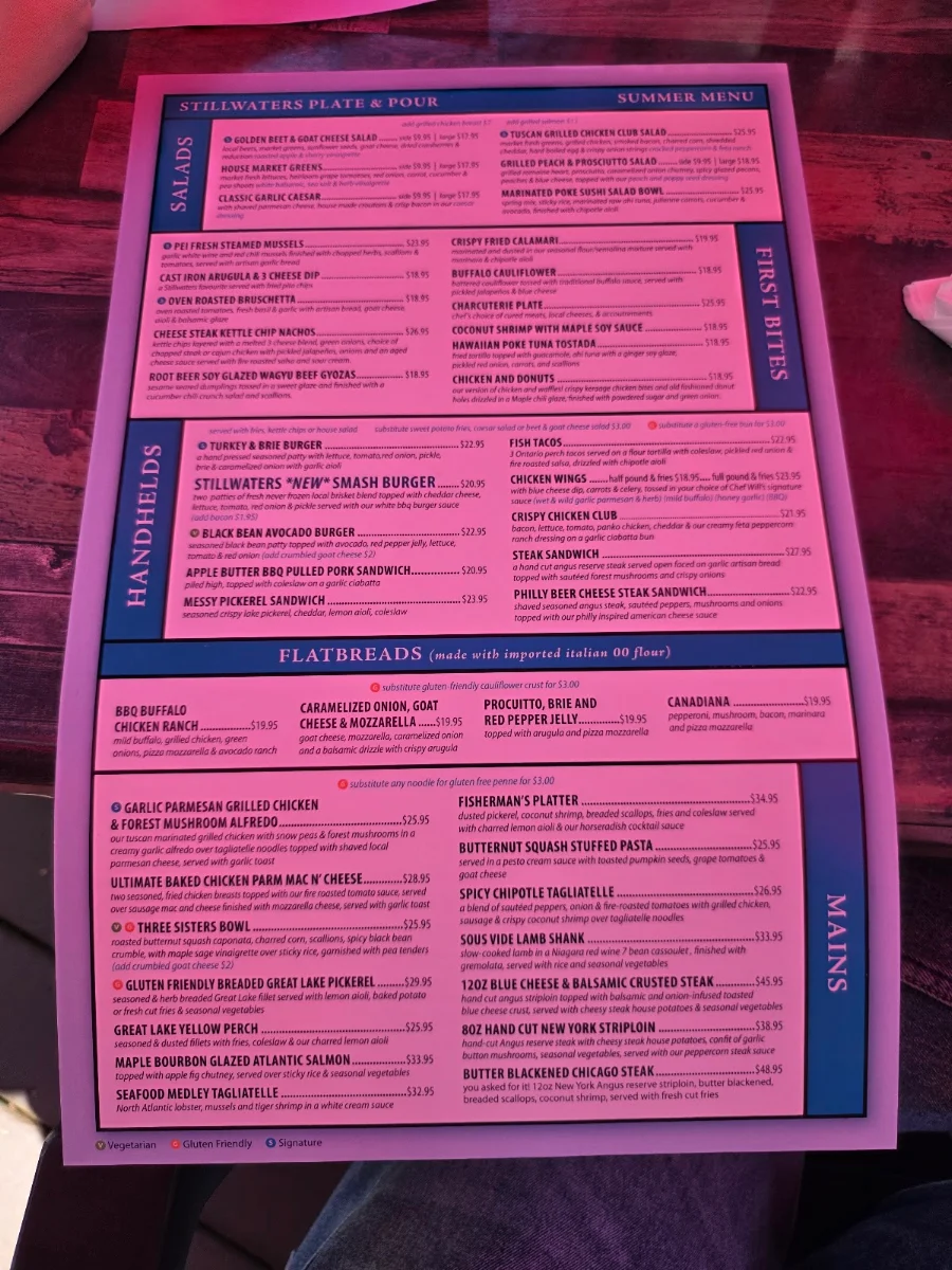 Menu, Stillwaters