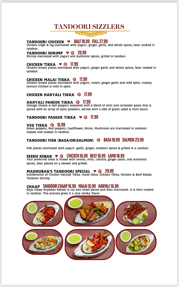 Menu, Madhuban Indian Cuisine Downtown Ottawa