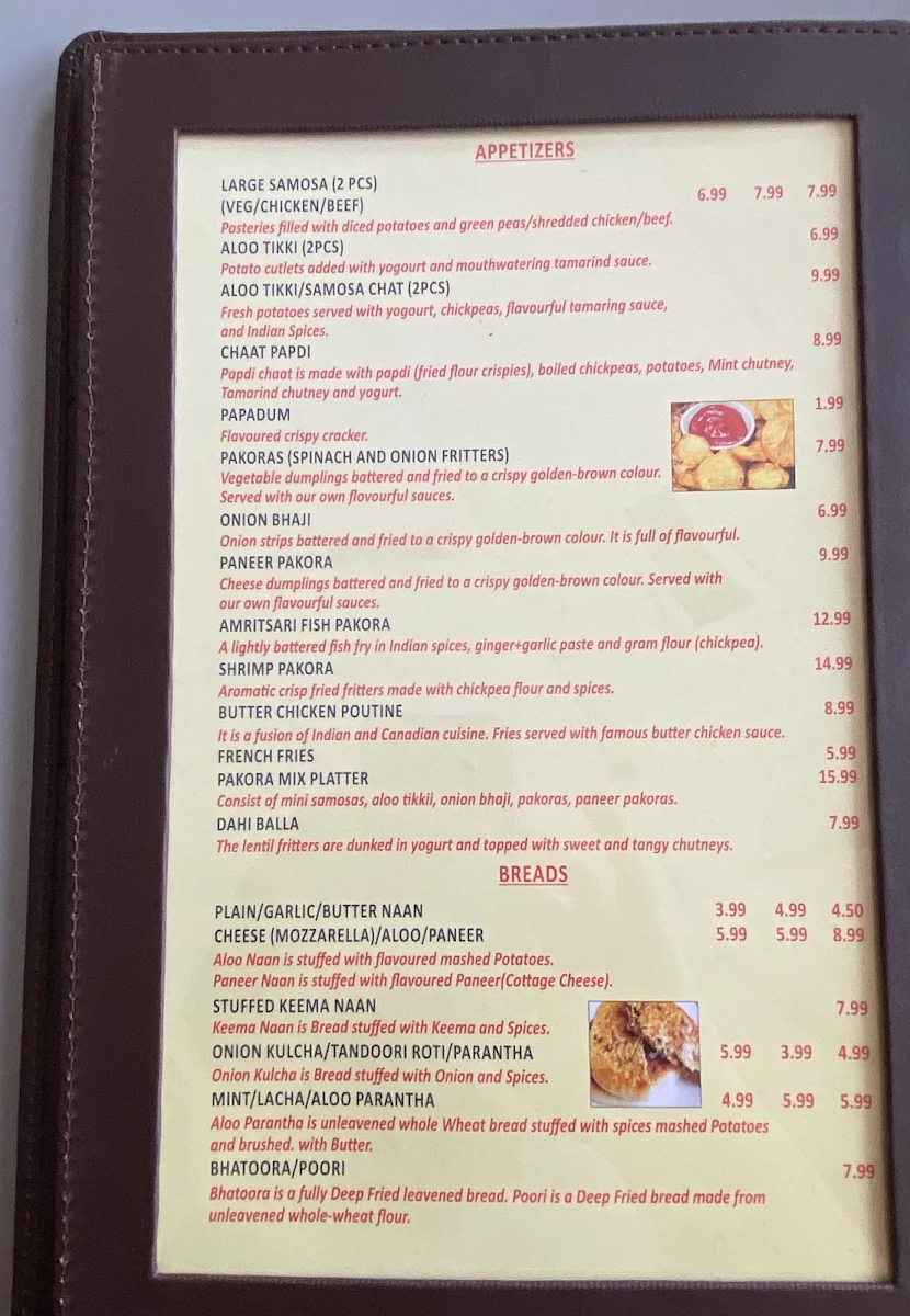 Menu, Madhuban Indian Cuisine Downtown Ottawa