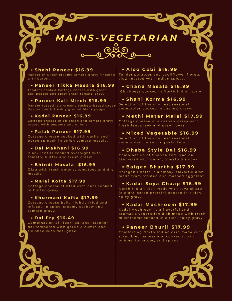 Menu, Daawat-e-Zaika