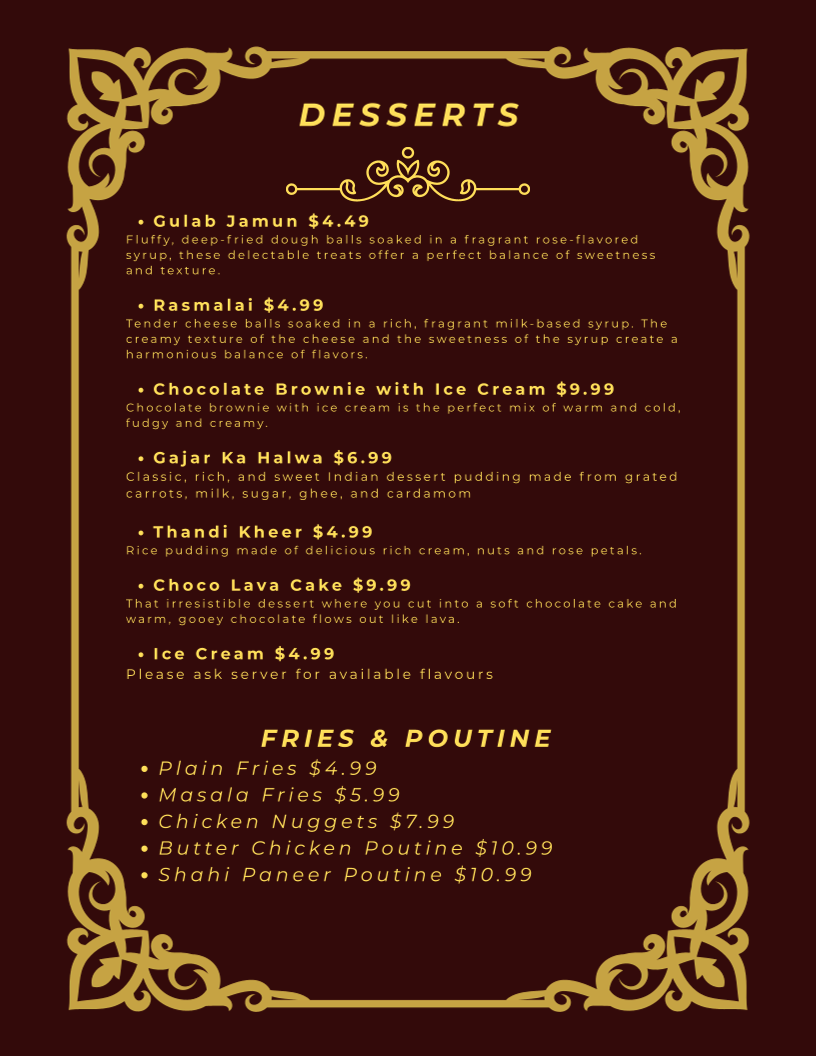 Menu, Daawat-e-Zaika