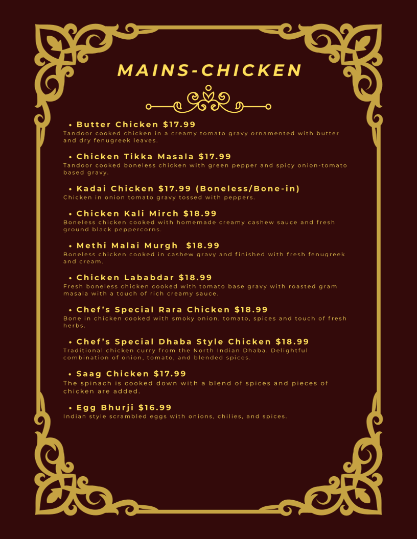 Menu, Daawat-e-Zaika