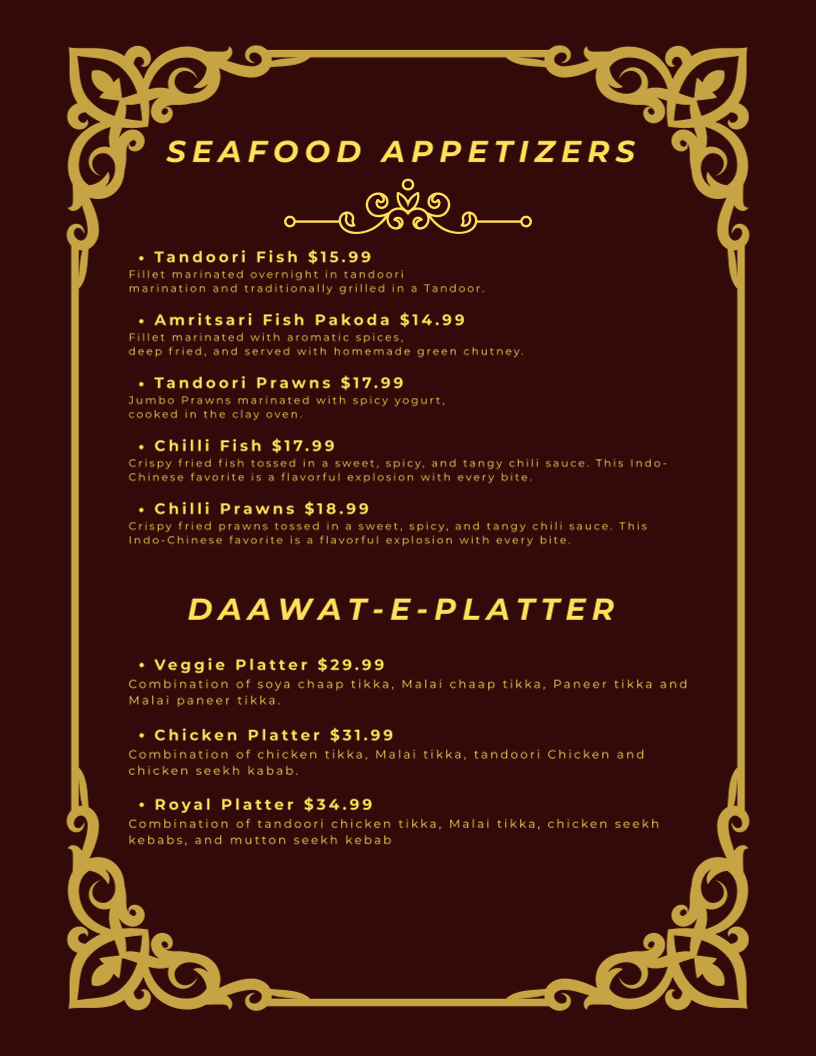 Menu, Daawat-e-Zaika