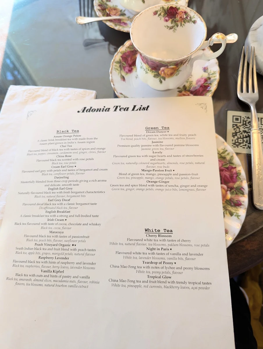 Menu, Adonia Tea House