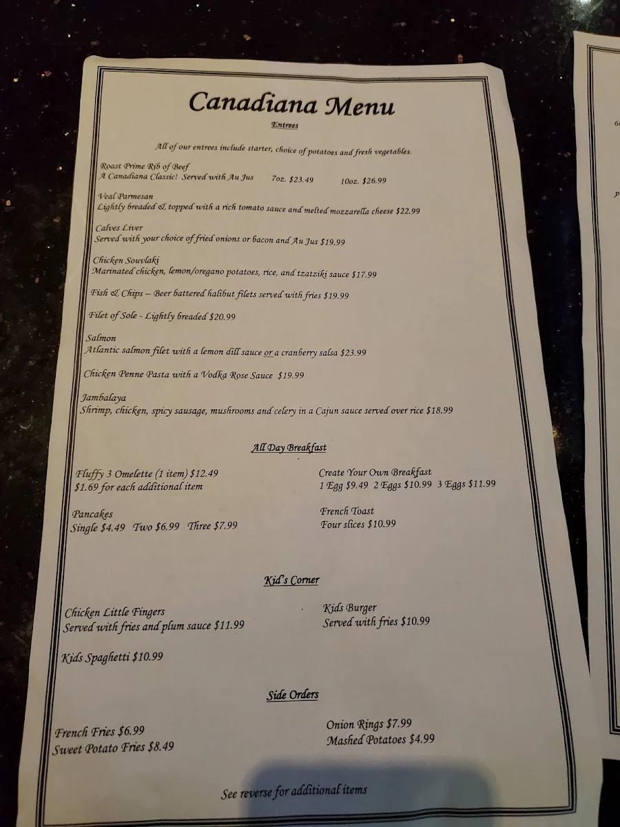 Menu, Canadiana Restaurant