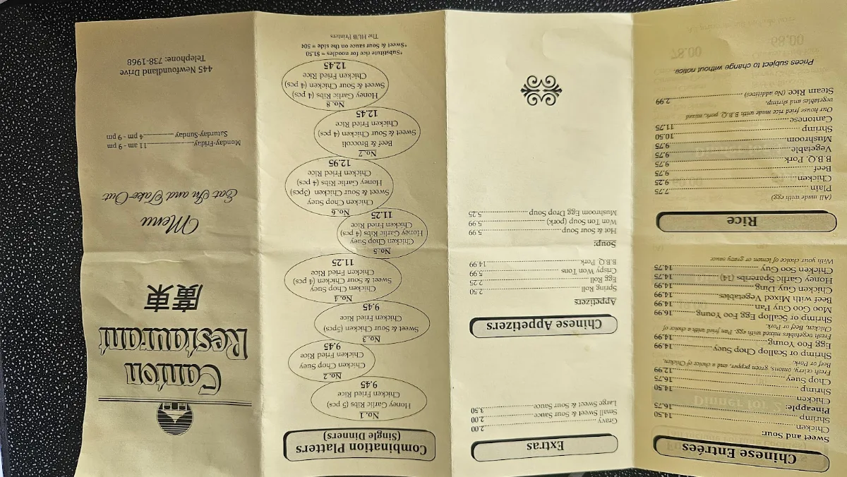 Menu, Canton Restaurant