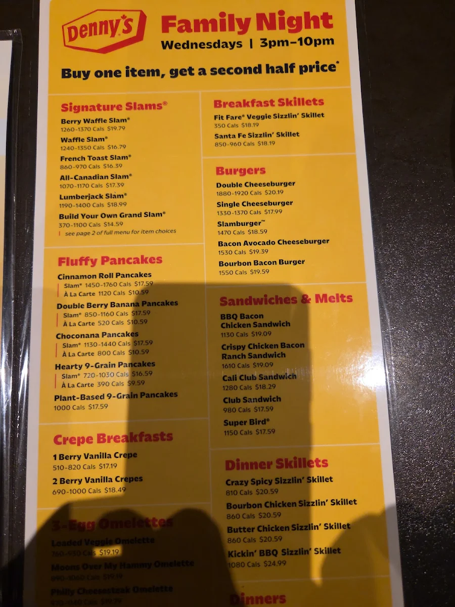 Menu, Denny's Restaurant Regina
