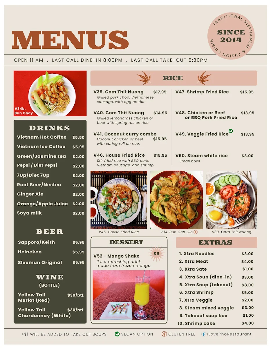 Menu, I Love Pho