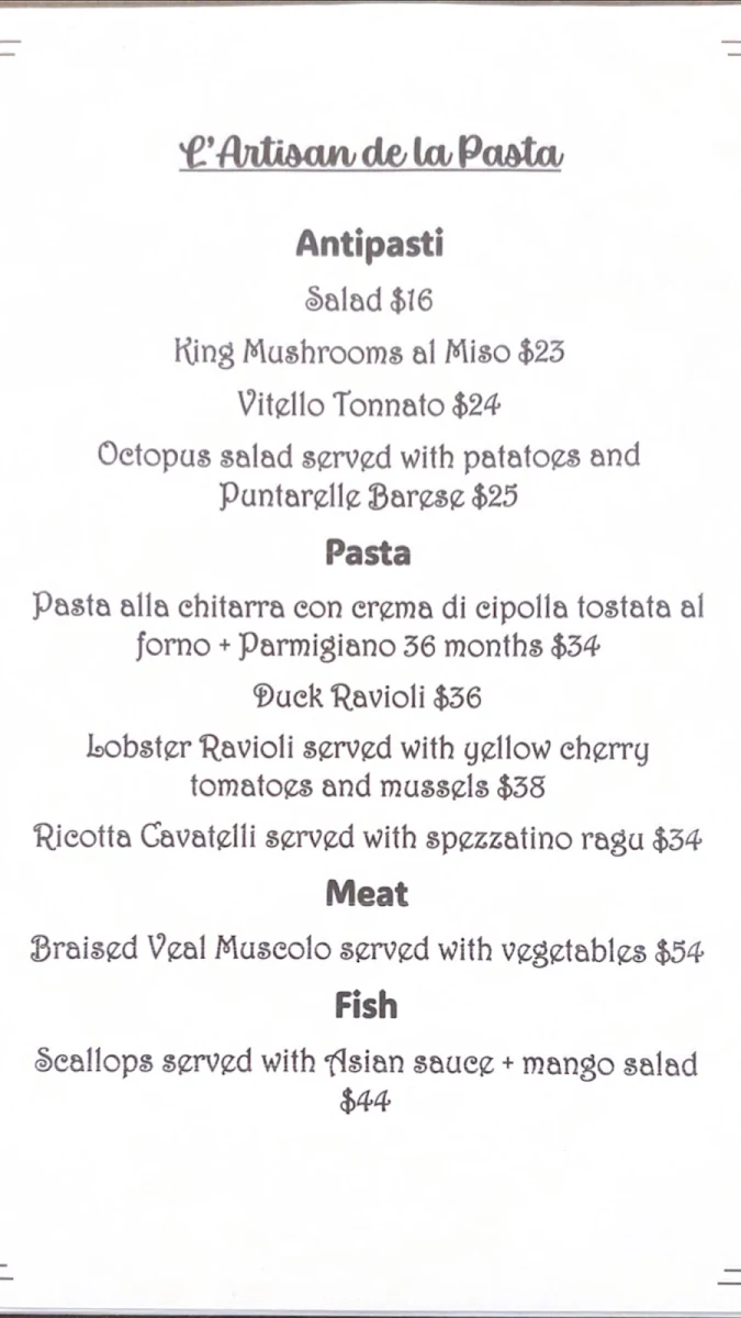 Menu, L'artisan de la pasta Restaurant