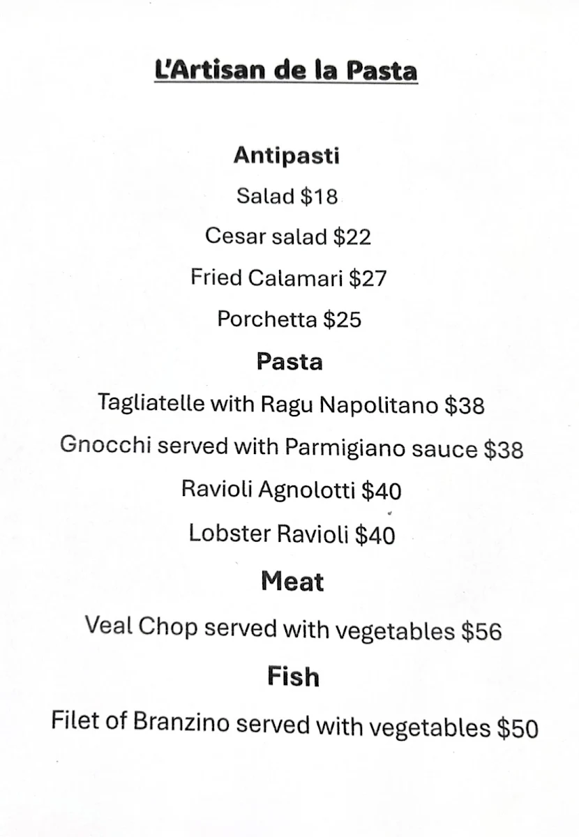Menu, L'artisan de la pasta Restaurant