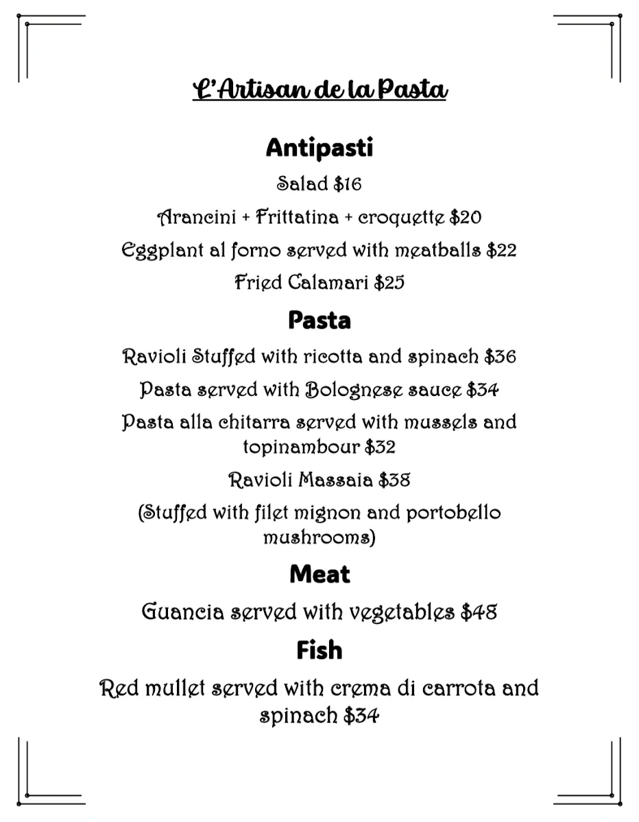 Menu, L'artisan de la pasta Restaurant